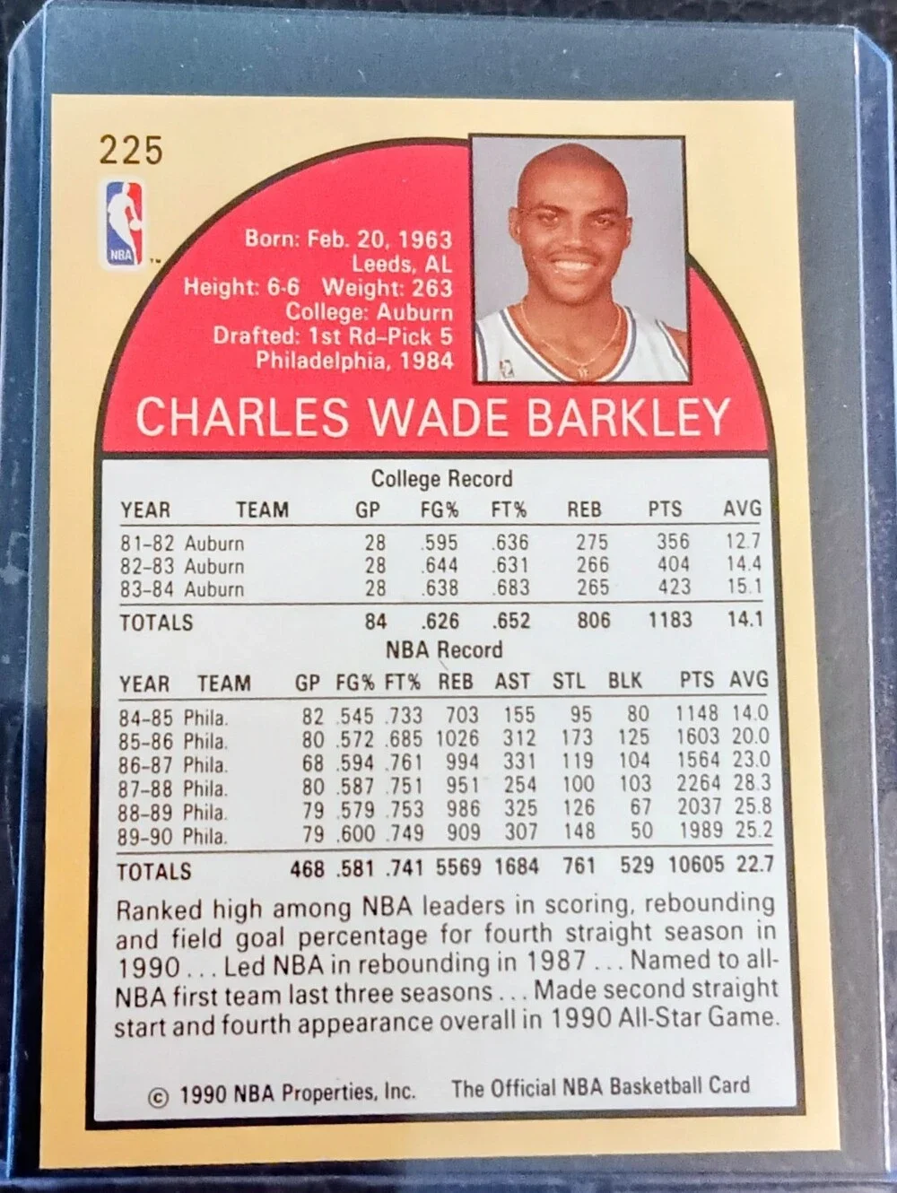 1990 NBA Hoops CHARLES BARKLEY #225 Basketball Card Philadelphia 76ers